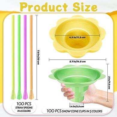 200-Pc Colorful Snow Cone Cups with Spoon Straws, Flower Shaped, for Party & Summer