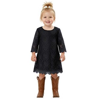 2Bunnies Girls' 12M-12Y Boho Rustic Vintage Lace Scalloped Hem Sleeve Shift Dress