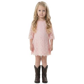 2Bunnies Girls' 12M-12Y Boho Rustic Vintage Lace Scalloped Hem Sleeve Shift Dress