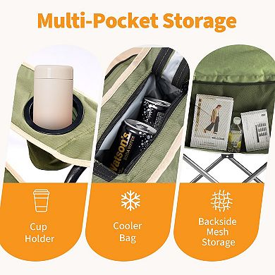 Oversized Camping Folding Chair, Heavy Duty Padded Chair With Cup Holder Storage And Cooler Bag