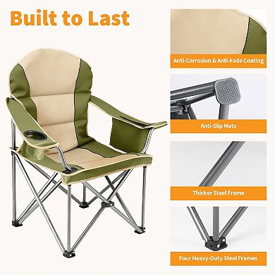Oversized Camping Folding Chair, Heavy Duty Padded Chair With Cup Holder Storage And Cooler Bag