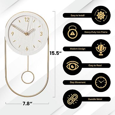 Clockswise 16-Inch Decorative Wall Clock Step Movement Mechanism Metal Frame Wooden Dial & Pendulum