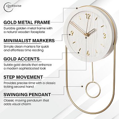 Clockswise 16-Inch Decorative Wall Clock Step Movement Mechanism Metal Frame Wooden Dial & Pendulum