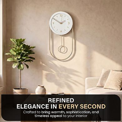 Clockswise 16-Inch Decorative Wall Clock Step Movement Mechanism Metal Frame Wooden Dial & Pendulum