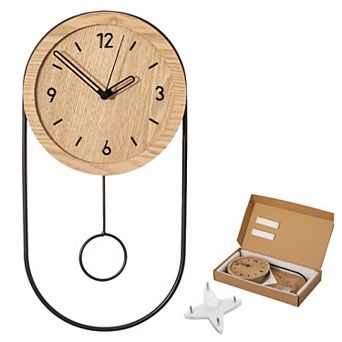 Clockswise 16-Inch Decorative Wall Clock Step Movement Mechanism Metal Frame Wooden Dial & Pendulum