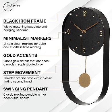 Clockswise 16-Inch Decorative Wall Clock Step Movement Mechanism Metal Frame Dial and Pendulum