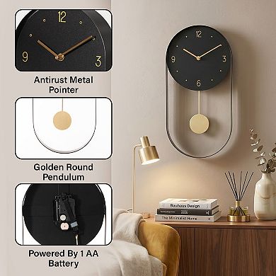 Clockswise 16-Inch Decorative Wall Clock Step Movement Mechanism Metal Frame Dial and Pendulum