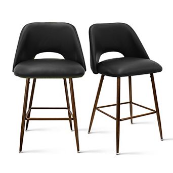 Set of 2 Faux Leather Counter Stools 26" Upholstered Bar Stools with Wood-Tone Metal Legs