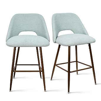 Set of 2 Fabric Counter Stools 26" Upholstered Bar Stools with Wood-Tone Metal Legs & Footrest