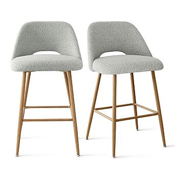 Set of 2 Modern Boucle Counter Height Stools 27" Upholstered Bar Stools with Metal Legs