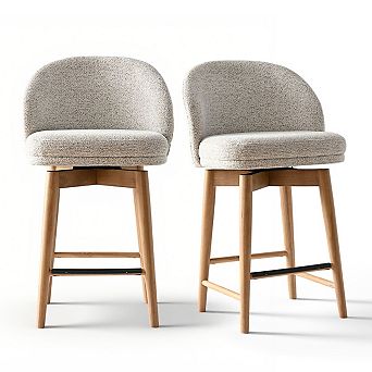 Set of 2 Swivel Fabric Counter Stools Mid-Century Bar Stools with Solid Wood Legs