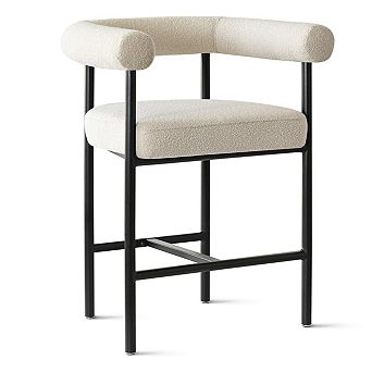 Contemporary Cream Boucle Kitchen Stool 24" Seat Height Bar Stool with Footrest