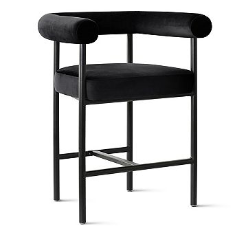 Modern Velvet Counter Height Bar Stool Curved Arm Stool with Black Metal Legs