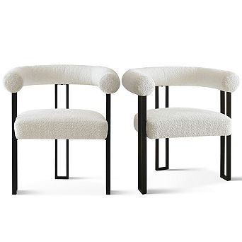 Set of 2 Modern Boucle Dining Chairs Curved Arm Accent Chairs with Black Metal Legs