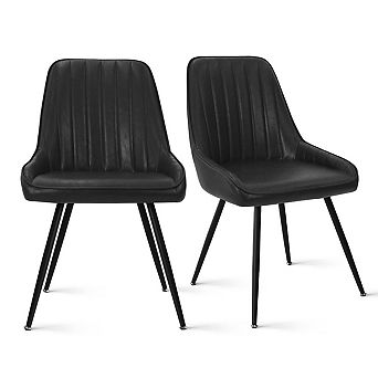 Set of 2 Modern Faux Leather Dining Chairs Vertical Stitched Back Side Chairs with Black Metal Legs