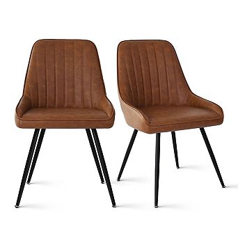 Set of 2 Modern Faux Leather Dining Chairs Vertical Stitched Back Side Chairs with Black Metal Legs