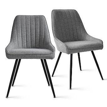 Set of 2 Modern Upholstered Fabric Dining Chairs Vertical Stitched Back Side Chairs with Black Metal