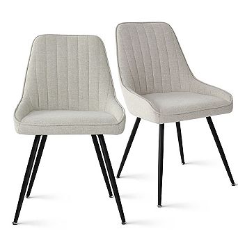 Set of 2 Modern Upholstered Fabric Dining Chairs Vertical Stitched Back Side Chairs with Black Metal