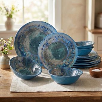 12 pc Melamine Dinnerware Set for 4, Teal Heavyweight Unbreakable Plates and Bowls