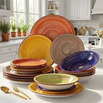 Chip Resistant 18 pc Dinnerware Sets, Enameled Stoneware Plates and Bowls Sets for 6