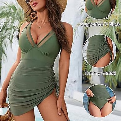 Women's One Piece Mesh Sarong Swimsuit with Tummy Control, Adjustable Strap & Built-in Bottom