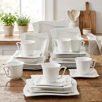 30 pc Porcelain Dinnerware Sets, White Square Plates and Bowls Sets, Dish Set with Cups Saucer