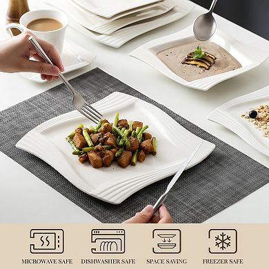 30 Pcs Porcelain Dinnerware Sets, White Square Plates and Bowls Sets, Dish Set with Cups Saucer