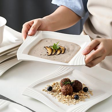 30 Pcs Porcelain Dinnerware Sets, White Square Plates and Bowls Sets, Dish Set with Cups Saucer