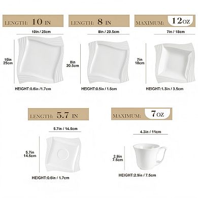 30 Pcs Porcelain Dinnerware Sets, White Square Plates and Bowls Sets, Dish Set with Cups Saucer