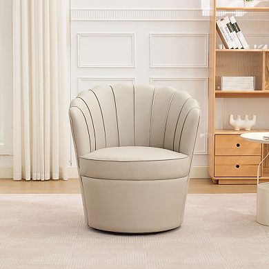 Modern Top-grain Genuine Leather Accent Swivel Barrel Chair with Petal Backrest