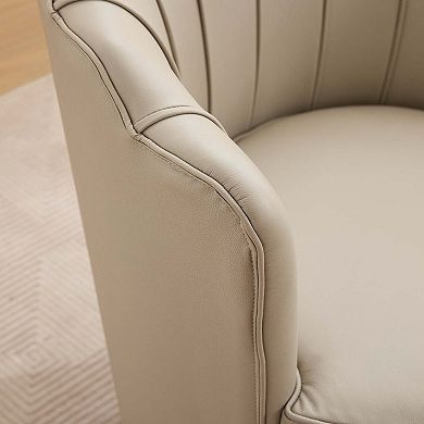 Modern Top-grain Genuine Leather Accent Swivel Barrel Chair with Petal Backrest