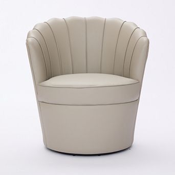 Modern Top-grain Genuine Leather Accent Swivel Barrel Chair with Petal Backrest
