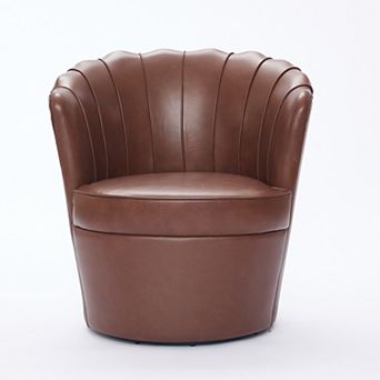 Modern Top-grain Genuine Leather Accent Swivel Barrel Chair with Petal Backrest