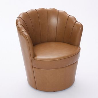 Modern Top-grain Genuine Leather Accent Swivel Barrel Chair with Petal Backrest