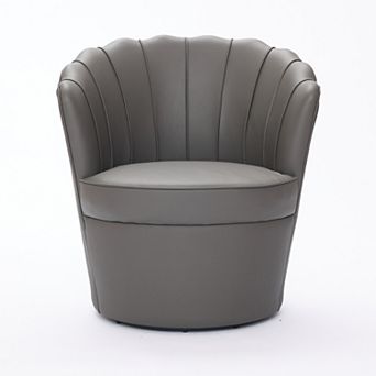 Modern Top-grain Genuine Leather Accent Swivel Barrel Chair with Petal Backrest