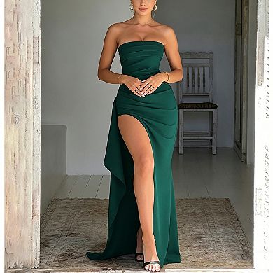 Strapless Ruched Maxi Dress with High Slit & Flowing Drape for Formal Events