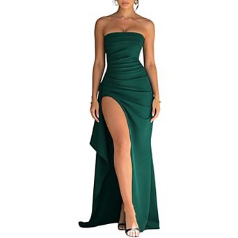 Strapless Ruched Maxi Dress with High Slit & Flowing Drape for Formal Events