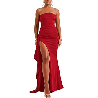 Strapless Ruched Maxi Dress with High Slit & Flowing Drape for Formal Events