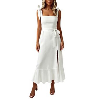 Women's Elegant Tie-Shoulder Midi Dress with Waist Sash & Side Slit for Wedding Guest Party