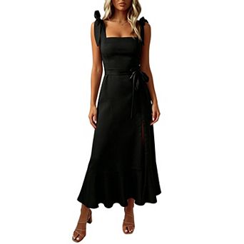 Women's Elegant Tie-Shoulder Midi Dress with Waist Sash & Side Slit for Wedding Guest Party