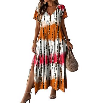 Women's Tie-Dye Print Maxi Dress with Short Sleeves, V-Neck, Side Slits for Beach Vacation