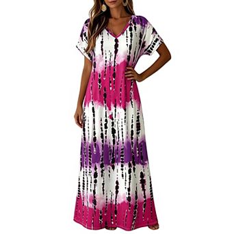 Women's Tie-Dye Print Maxi Dress with Short Sleeves, V-Neck, Side Slits for Beach Vacation