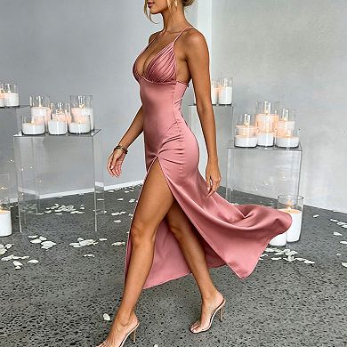 Women's Satin Spaghetti Strap Midi Dress with Deep V Neck & High Slit for Party Cocktail