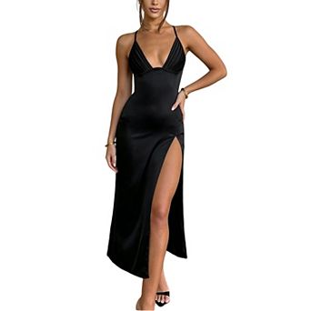 Women's Satin Spaghetti Strap Midi Dress with Deep V Neck & High Slit for Party Cocktail
