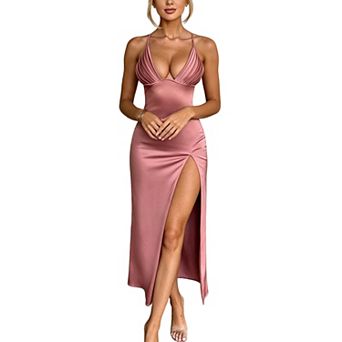 Women's Satin Spaghetti Strap Midi Dress with Deep V Neck & High Slit for Party Cocktail