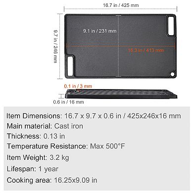 Reversible Cast Iron Griddle, Pre-Seasoned Double Burner Pan