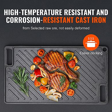 Reversible Cast Iron Griddle, Pre-Seasoned Double Burner Pan