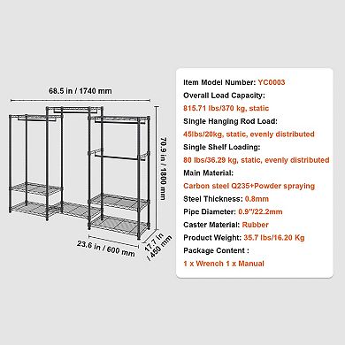 Heavy Duty Rolling Garment Rack 4 Hang Rods 8 Tier Adjustable Closet Wardrobe 800 lb