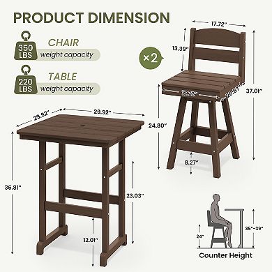 3-Piece Patio Counter Height Bar Set with 2 Swivel Armless Stools and Square Table