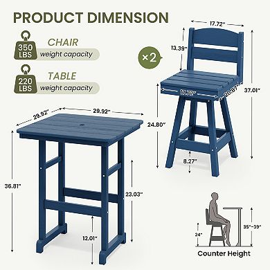 3-Piece Patio Counter Height Bar Set with 2 Swivel Armless Stools and Square Table